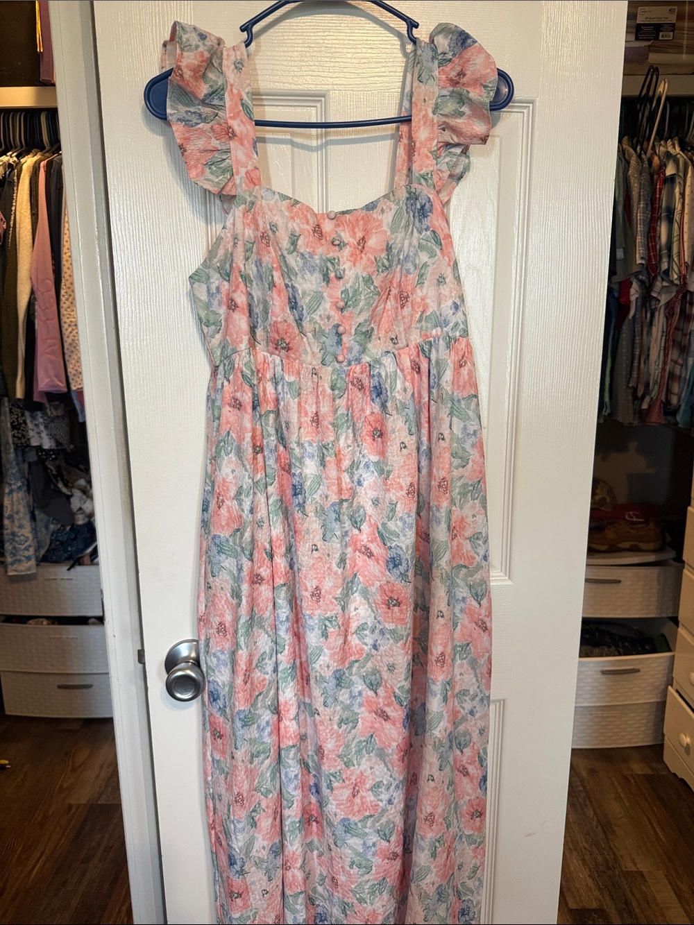 Girls Floral Ruffle Strap Maxi Dress - Pink & Blue